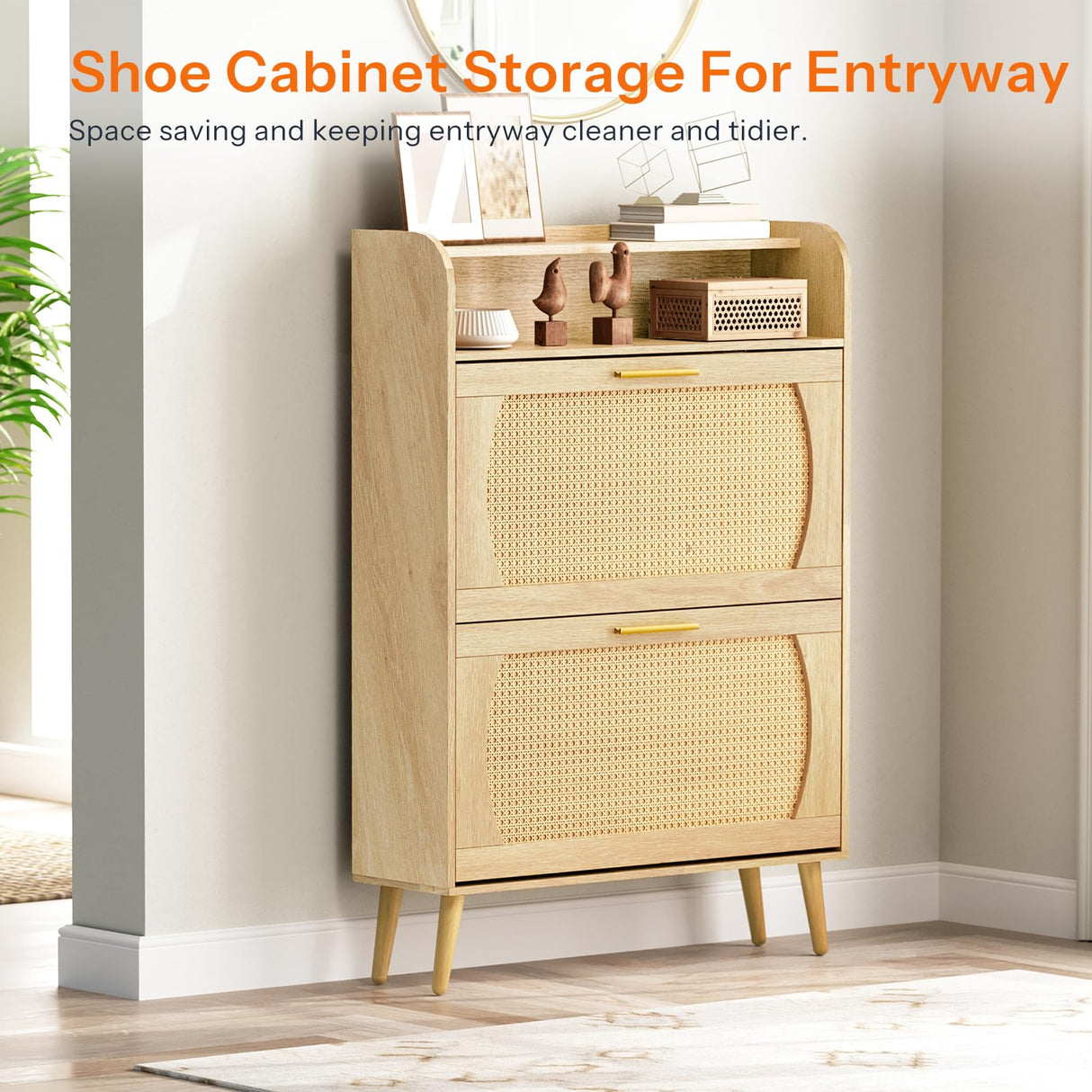 HOOBRO Rattan Shoe Storage Cabinet, Shoe Cabinet Storage for Entryway, Shoe Organizer with 2 Flip Drawers, Narrow Shoe Cabinet with Adjustable Shelves for Hallway, Living Room, Natural NN80SC01 HOOBRO