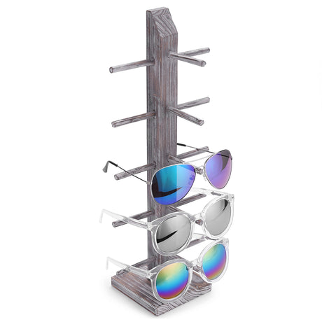 MyGift 5-Pair Barnwood Graywashed Wood Sunglasses and Eyewear Display Stand, Tabletop Multipurpose Keychain Storage Rack for Retail or Home Collection MyGift