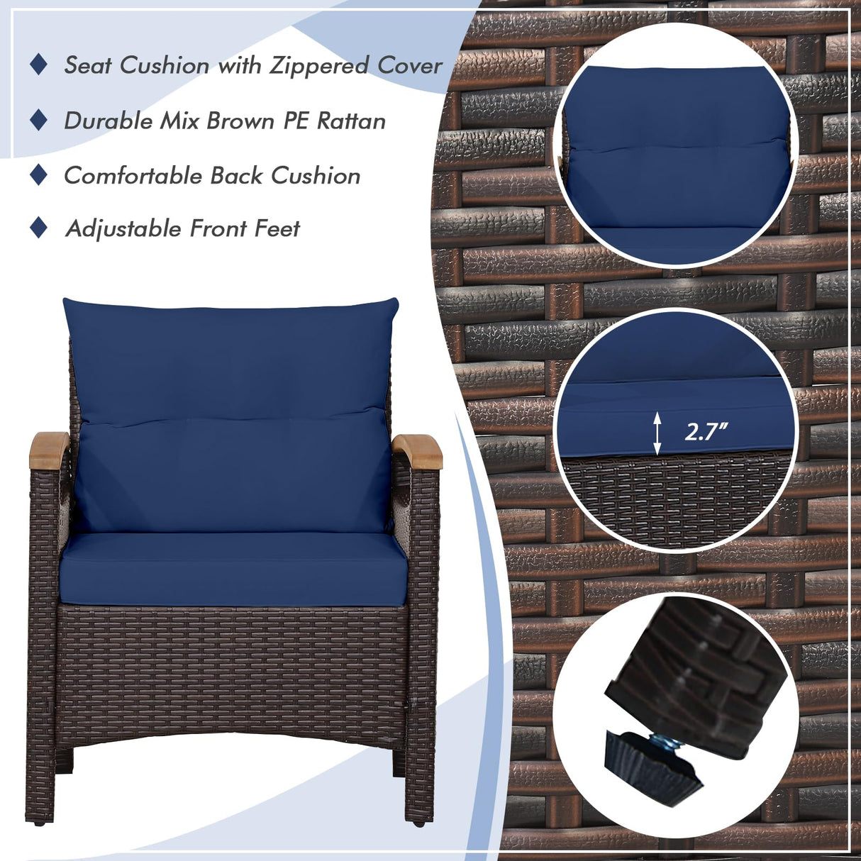 KOTEK 3 Piece Patio Furniture Set, Outdoor Conversation Set with Removable Cushions, Acacia Wood Tabletop and Armrests, PE Rattan Wicker Bistro Set for Porch, Balcony, Backyard (Navy Blue) KOTEK