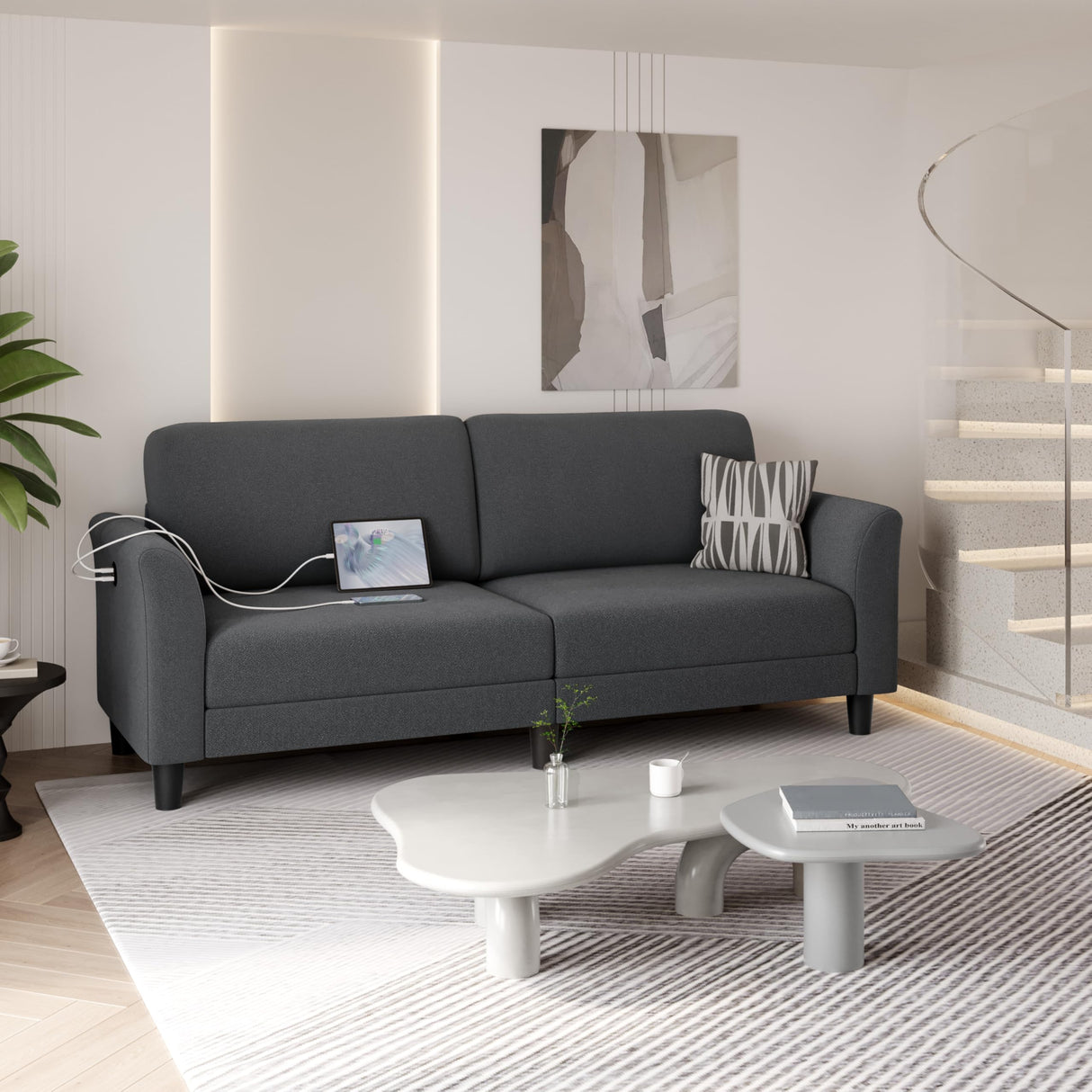 Yaheetech 67" W Loveseat Sofa Fabric Sofa Couch with 2 USB Charger Ports Mid-Century Modern 2 Seater Couch for Living Room, Bedroom, Apartment Dark Gray Yaheetech