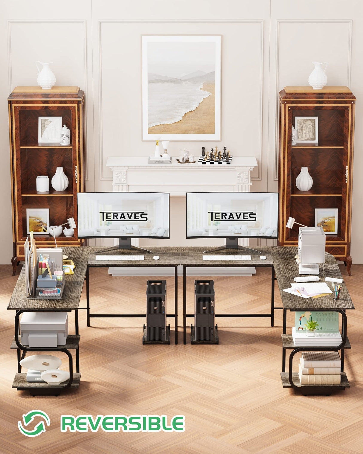 Teraves Reversible L Shaped Desk with Large Surface, 69 Inch Sturdy Corner Desk with Storage Shelves, Premium Office Computer Desk Workstation for Home Office Gaming Teraves