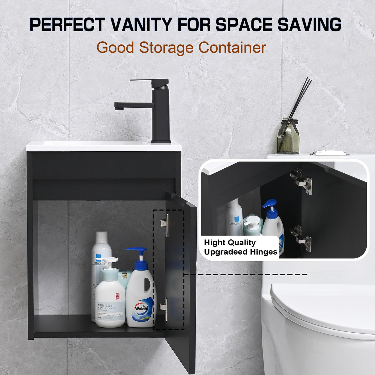 USBATHJOY 16" Bathroom Vanity Sink Combo for Small Space, Wall Mounted Bathroom Cabinet Set with White Resin Basin Sink Top Black Faucet Pop Up Drain Black USBATHJOY