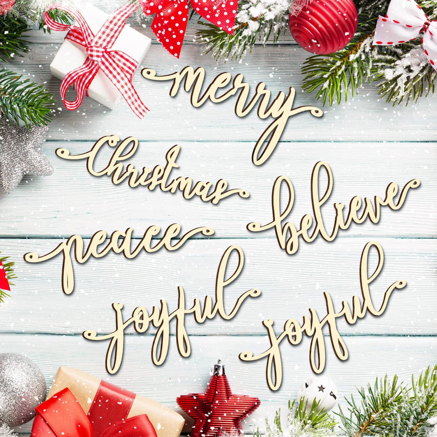 20 Pcs Merry Christmas Sign Xmas Wooden Cutout Letter Plate Ornaments Rustic Merry Sign Christmas Wooden Sign Table Decors Joyful Peace Believe Cutout Plates Ornament for Home Christmas(Burlywood)