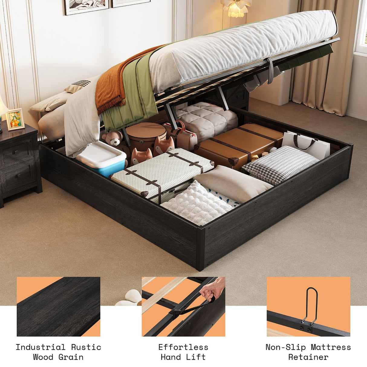AMERLIFE Lift Up Storage Bed, King Bed Frame with Storage Underneath, Wooden Platform Bed Frame, Solid Wood Slats Support, No Fixed Headboard, No Box Spring Needed, Dark Oak AMERLIFE