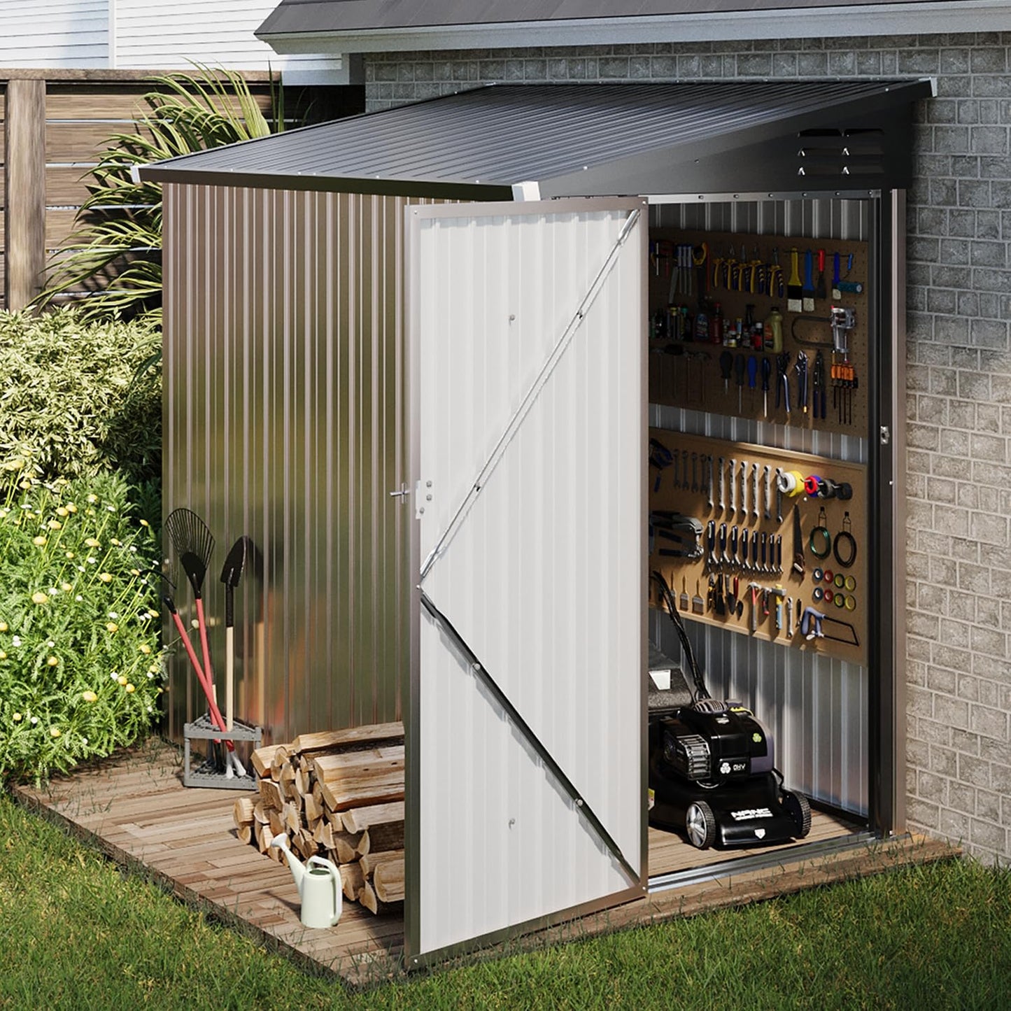 Aoxun 6' x 4' Storage Shed Lean to Storage Shed, Outdoor Metal Wall Side Storage Sheds, Outdoor Storage Cabinet for Patio, Garden, Lawn (Brown) - WoodArtSupply