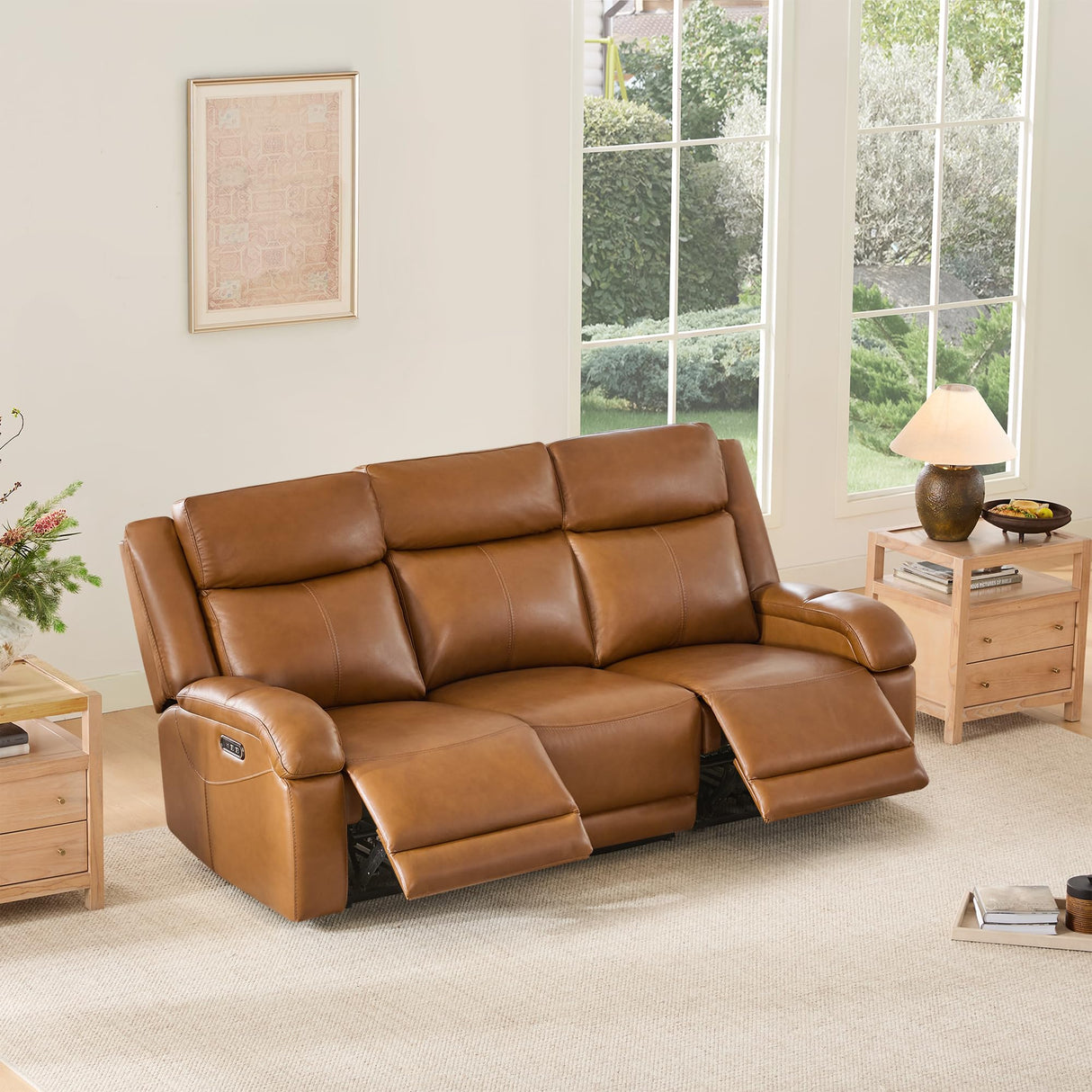 Watson & Whitely Genuine Leather Power Recliner Sofa, 3 Seater Wall Hugger Reclining Sofas with Power Headrest, USB & TypeC Ports, Electric Recliner Couch Set for Living Room, Saddle Brown Watson & Whitely
