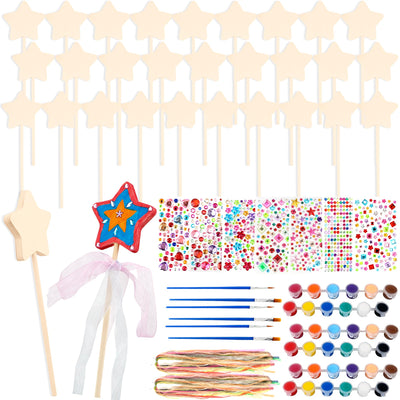 89 Pcs Make Your Own Wooden Princess Wand DIY Fairy Wands Kit Include 30 Pcs 3D Wooden Star Wands 7 Gem Stickers 40 Ribbons 12 Painting Props for Painting Crafts Birthday Party Supplies Gifts