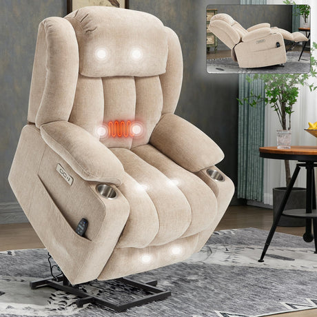 RHHVVR Power Lift Recliner Chair, 350lb Capacity with 8-Point Massage & Heating, USB/Type-C Ports & Cup Holders, Heavy Duty Chenille Recliner for Elderly, Beige RHHVVR