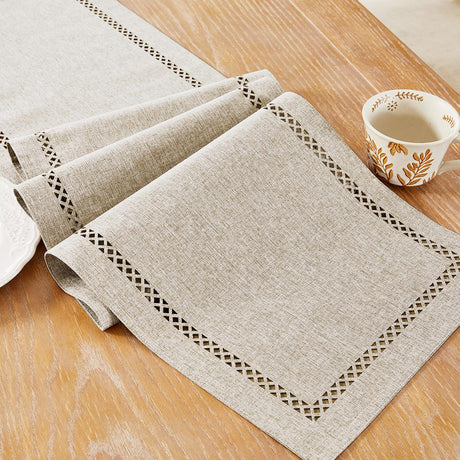 Aoztio Burlap Style Farmhouse Table Runner, 13 x 36 Inch Coffee, Rustic Geometric Hollow Table Runners 36 Inches Long for Dresser Table Everyday Use, 13x36 Inches, Coffee Aoztio