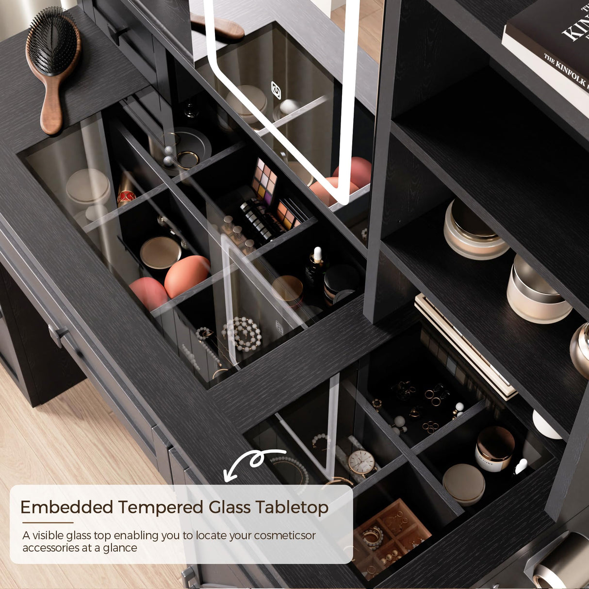 Farmhouse Makeup Vanity Desk with Sliding Mirror and Lights, Glass Desktop Makeup Vanity Desk with Charging Station, 3-Tier Hidden Slide-Out Vanity Shelves, Jewelry Storage Cabinet, 2 Drawers-Black Jocoevol