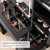 Farmhouse Makeup Vanity Desk with Sliding Mirror and Lights, Glass Desktop Makeup Vanity Desk with Charging Station, 3-Tier Hidden Slide-Out Vanity Shelves, Jewelry Storage Cabinet, 2 Drawers-Black Jocoevol