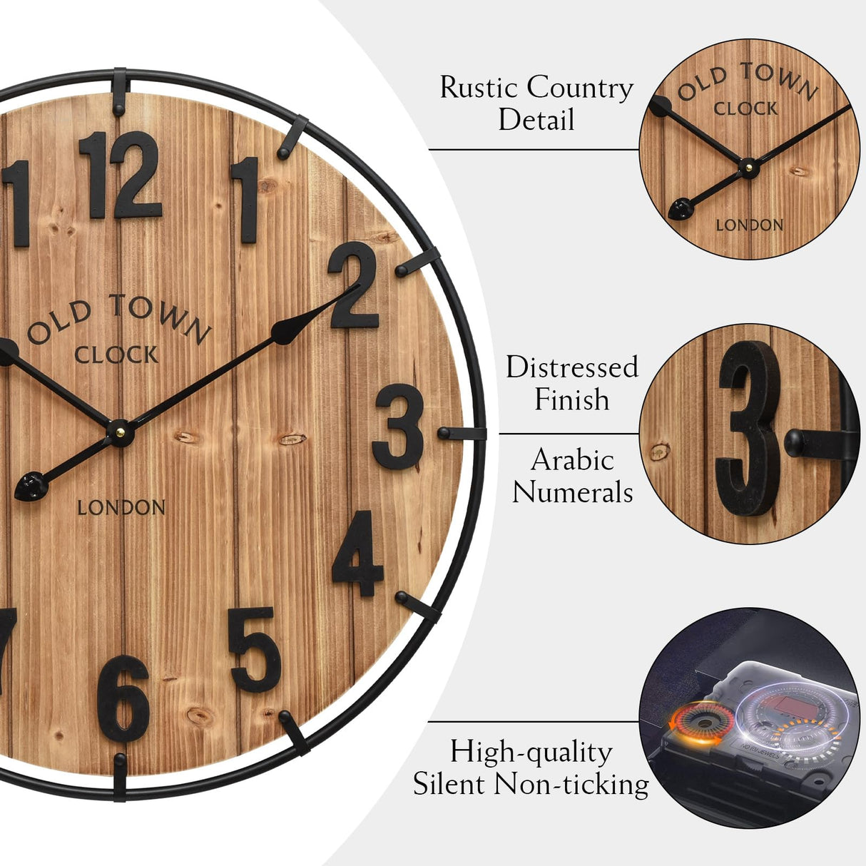 EMAX HOME Large Old Town Farmhouse Wall Clock 24 Inch Rustic Antique Wood with Metal Circle and Large Numerals Silent Battery Operated Wall Clock for Office Kitchen Bedroom Living Room EMAX HOME
