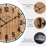 24 Inch Farmhouse Wall Clock Large Old Town Vintage Rustic Wooden Clock with Metal Rim and Large Numerals, Silent Battery-Operated for Office, Kitchen, Bedroom, and Living Room MICWIC
