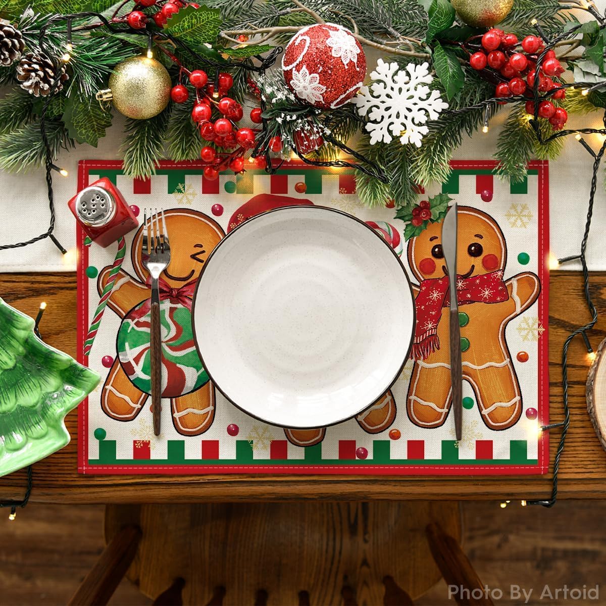 Artoid Mode Gingerbread Candy Cane Christmas Placemats Set of 4, 12x18 Inch Seasonal Table Mats for Party Kitchen Dining Decoration Artoid Mode