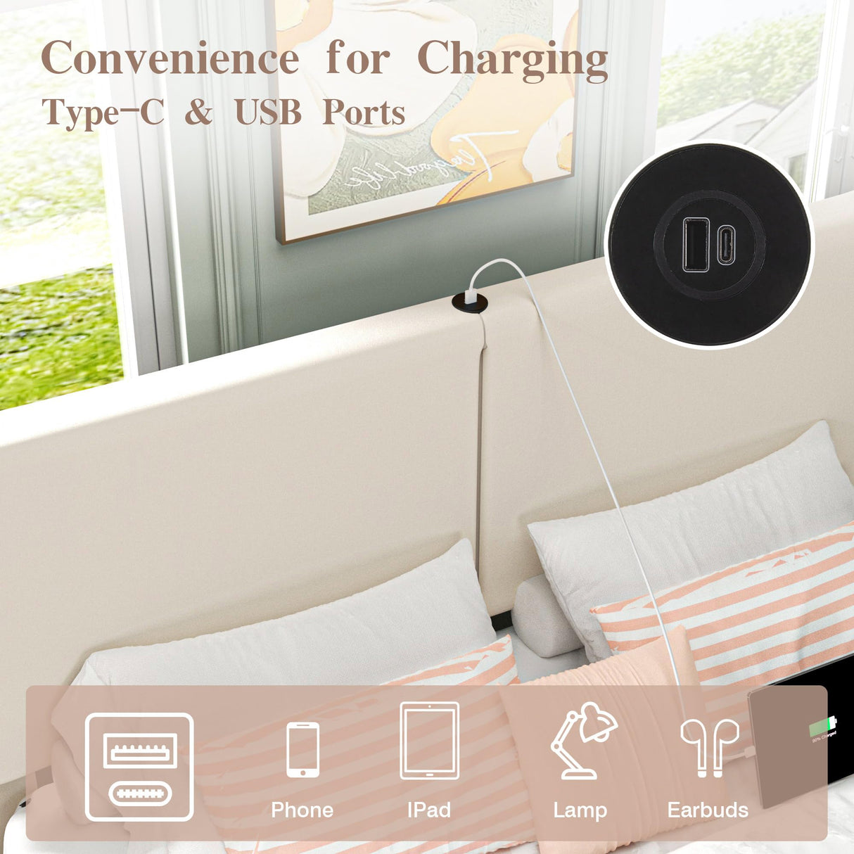 VECELO Queen Bed Frame with Type-C & USB Ports, Upholstered Platform Height-Adjustable Cotton and Linen Headboard, No Box Spring Needed, Noise-Free, Easy Assembly, Beige VECELO
