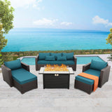 Patio Furniture Set 6-Piece Outdoor Furniture Set with 45'' Propane Gas Fire Pit Table Outdoor Conversation Set Wicker Sofa Set Non-Slip Cushions Waterproof Covers, Peacock Blue Rattan Star