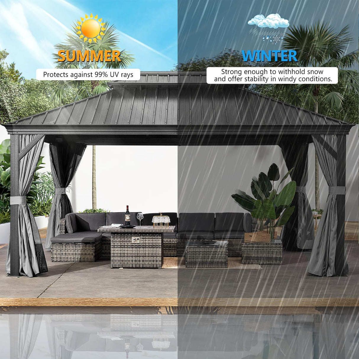 oneinmil 12x16FT Outdoor Gazebo, Heavy Duty Metal Double Roof Hardtop Gazebo with Aluminum Frame and Netting and Curtains for Patios oneinmil