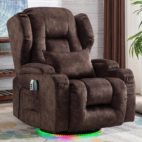 DRMBOOK Power Swivel Rocker Recliner Chairs for Adults, Electric Wall Hugger Reclining Sofa with Massage & Heat, Oversized Theater Seating Single Chair with LED Light/USB/Type-C Ports (Velvet Brown) DRMBOOK
