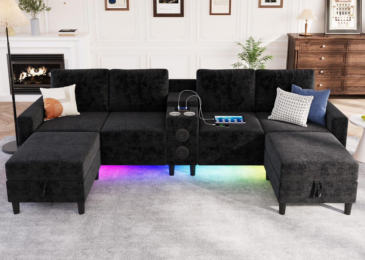 ZSDT Sectional Couches for Living Room, 6 Seat Sectional Sofa Smart Module-Bluetooth Speaker/RGB Light/Charging Station, Chenille U Shaped Couch with 2 Movable Storage Ottomans (Black) ZSDT
