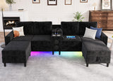 ZSDT Sectional Couches for Living Room, 6 Seat Sectional Sofa Smart Module-Bluetooth Speaker/RGB Light/Charging Station, Chenille U Shaped Couch with 2 Movable Storage Ottomans (Black) ZSDT