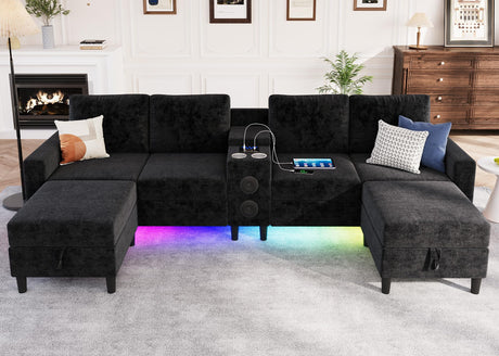ZSDT Sectional Couches for Living Room, 6 Seat Sectional Sofa Smart Module-Bluetooth Speaker/RGB Light/Charging Station, Chenille U Shaped Couch with 2 Movable Storage Ottomans (Black) ZSDT