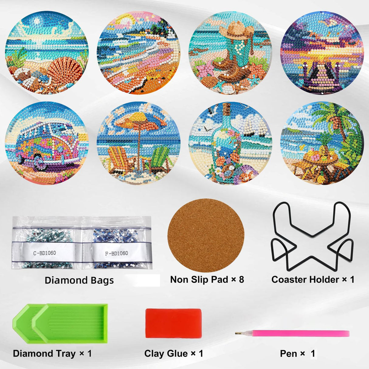 Ekuxom 8 pcs Beach Diamond Art Coasters Kits with Holder, DIY Ocean Diamond Painting Coasters, Non Slip Coaster Crafts Kits for Adults Beginners Gifts Ekuxom