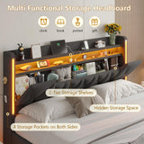 Floating Bed Frame King Size with LED Lights & Private Storage Headboard, King Floating Bed with Charging Station, Fabric Platform Bed, No Box Spring Needed, Noise-Free, Dark Gray BYSAUD