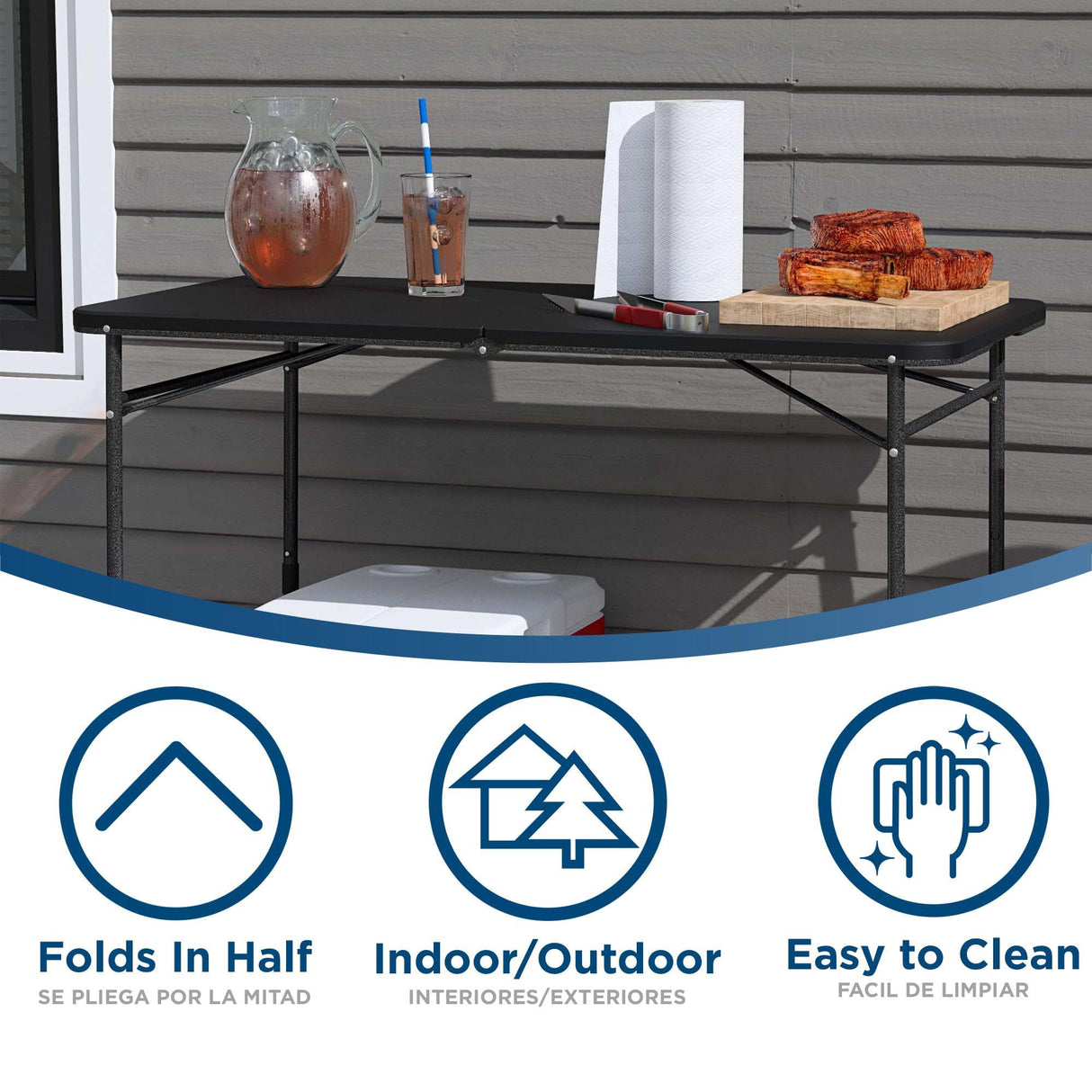 COSCO 4 ft. Fold-in-Half Adjustable Height Indoor/Outdoor Utility Table, Black Cosco