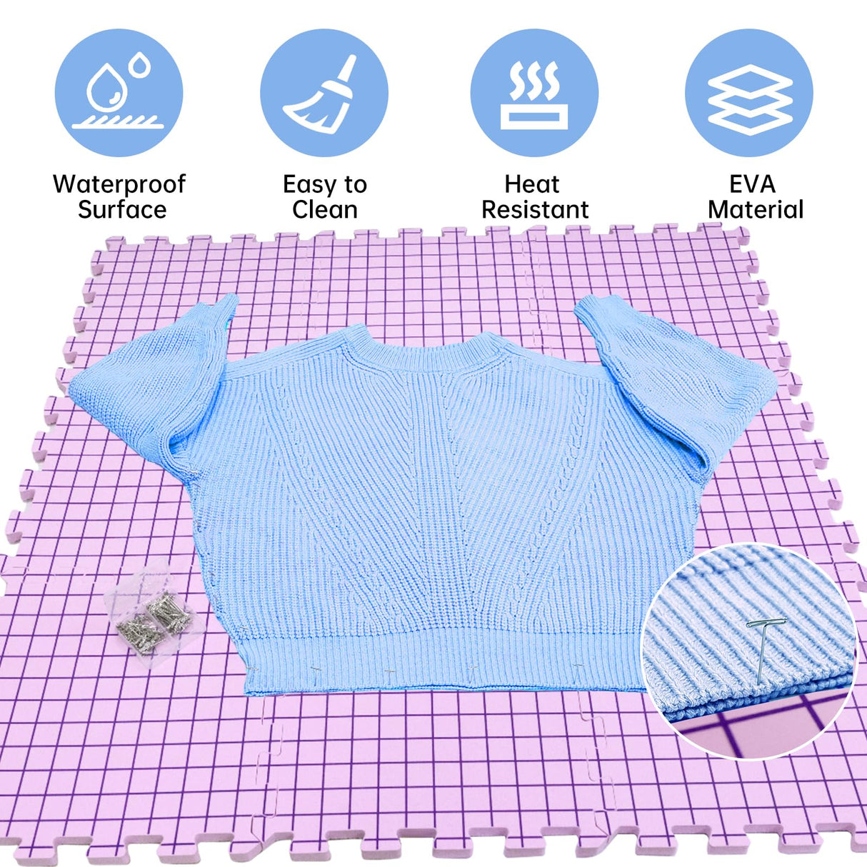 Blocking Mats for Knitting & Crochet Projects 0.59Inch Thickness Crochet Blocking Board 9 Pack, 150 T-Pins and 1 Storage Bag, Blocking Board for Crocheting Knitting Blocking Mats and Pins (Pink) Iswabard
