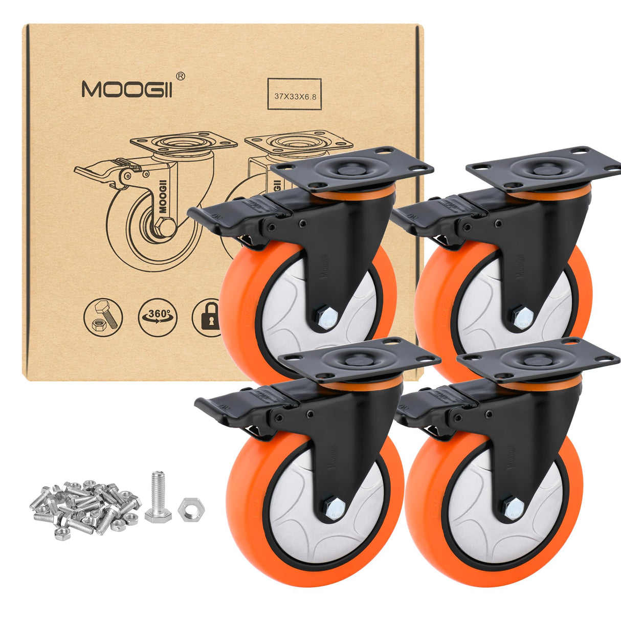 6 Inch Heavy Duty Swivel Caster Wheels with Brake - Set of 4, 3000 Lbs Capacity, PVC No Noise No Marking Wheels for Furniture, Carts, and Equipment (Includes Free Screws) Moogii