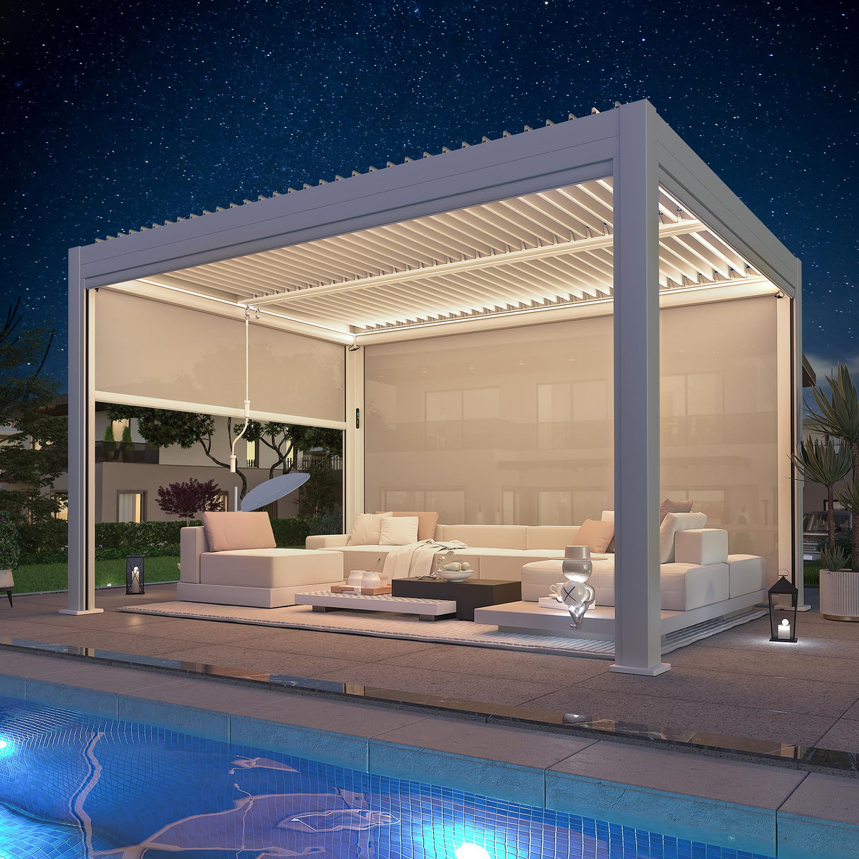 YOLENY Electric Louvered Pergola 10x13, Solar and Electric Powered, Integrated LED and 4 Side Screens, Full Aluminum Frame and Louvers, Adjustable Rainproof Roof for Outdoor Living, White YOLENY