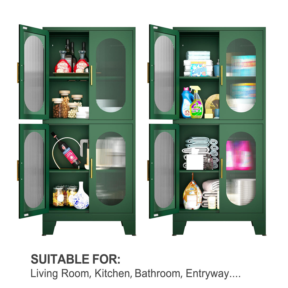 pozdeg Metal Storage Cabinet,Pantry Kitchen Storage Cabinets with 4 Doors,2 Adjustable Shelf，Floor Storage Cabinet for Kitchen, Laundry Room, Home Office, Kids Room（Green） pozdeg