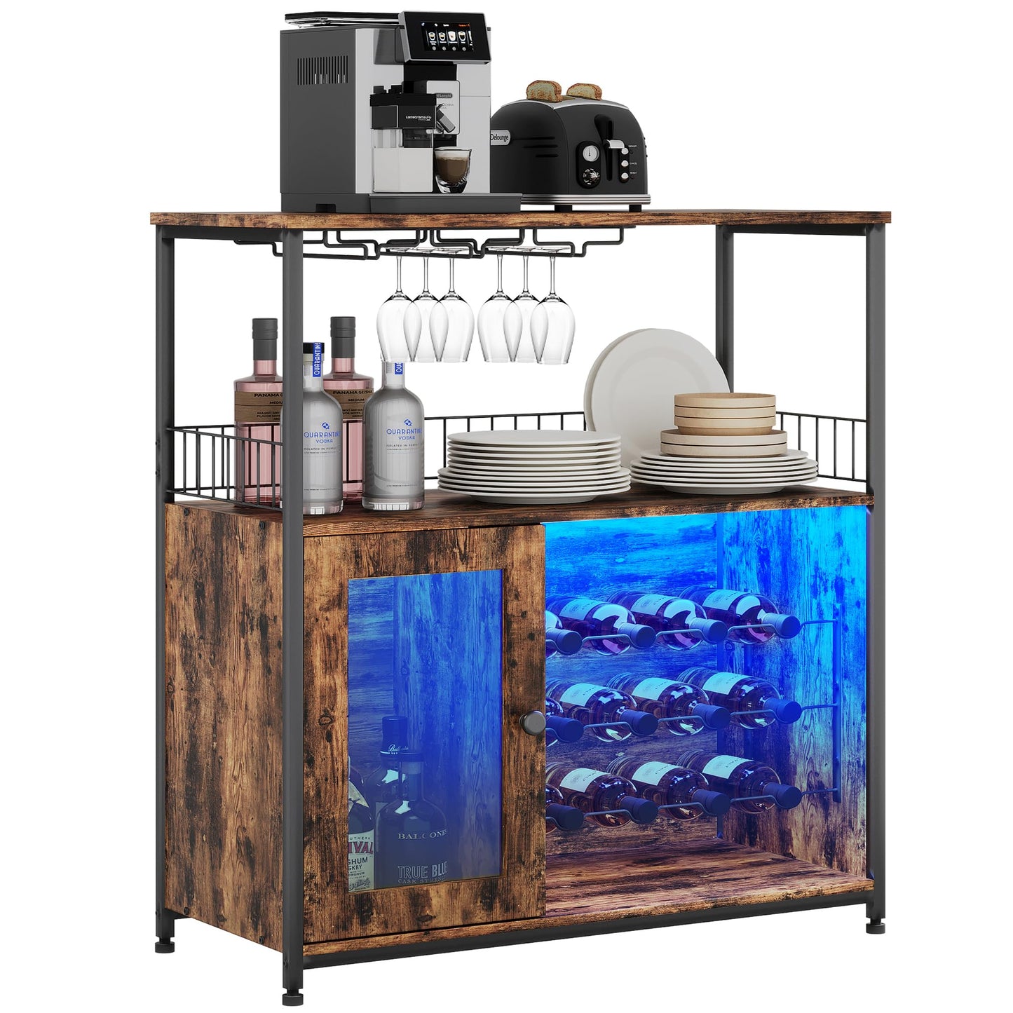 ZERDER Wine Bar Cabinet with LED Light, Home Coffee Cabinet with Wine Rack and Glass Holder, Bar Cabinet with Storage Shelf and Cabinet, Freestanding Liquor Cabinet for Living Room, Dining Room