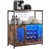 ZERDER Wine Bar Cabinet with LED Light, Home Coffee Cabinet with Wine Rack and Glass Holder, Bar Cabinet with Storage Shelf and Cabinet, Freestanding Liquor Cabinet for Living Room, Dining Room ZERDER