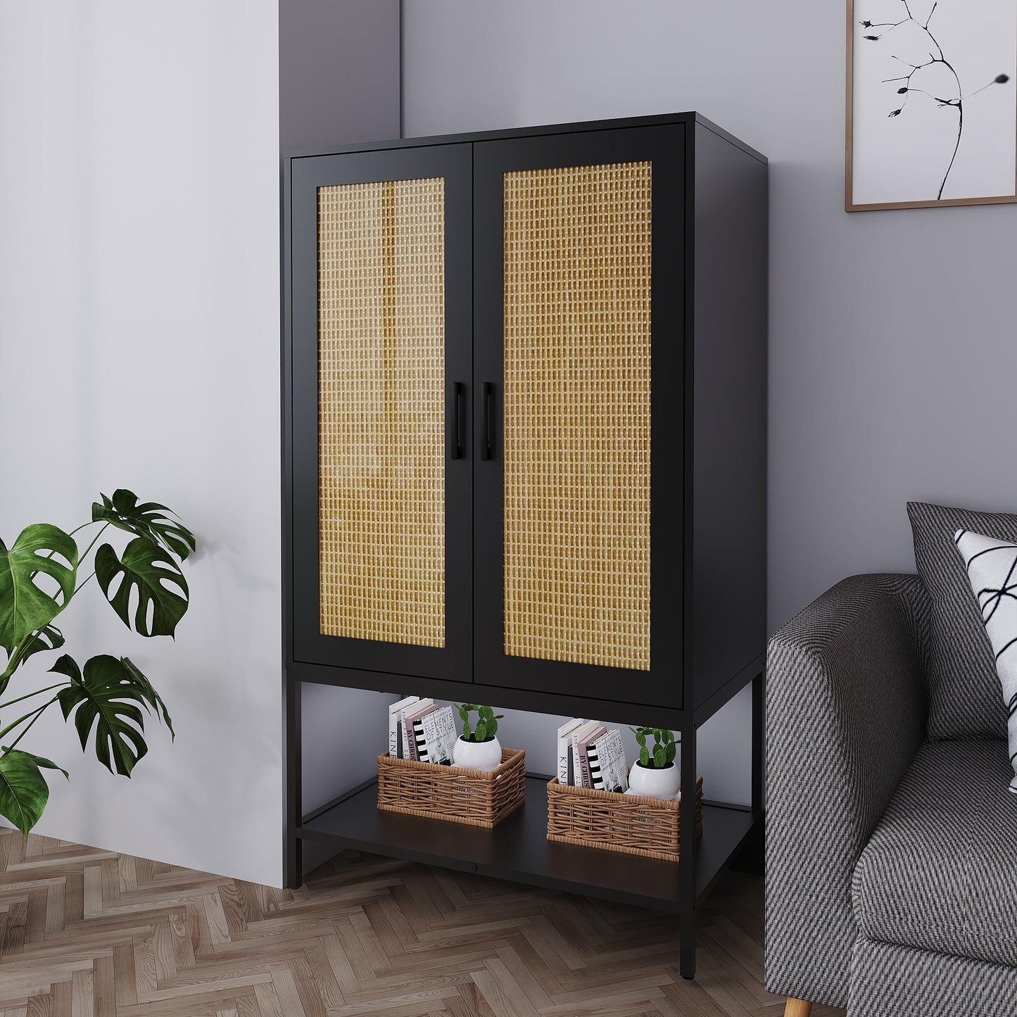 BOCVKENN Wardrobe Closet,Rattan Bedroom Armoires with 2 Doors,Wooden Wardrobe Cabinet with Shelves and Hanging Rod for Clothes,Black - WoodArtSupply