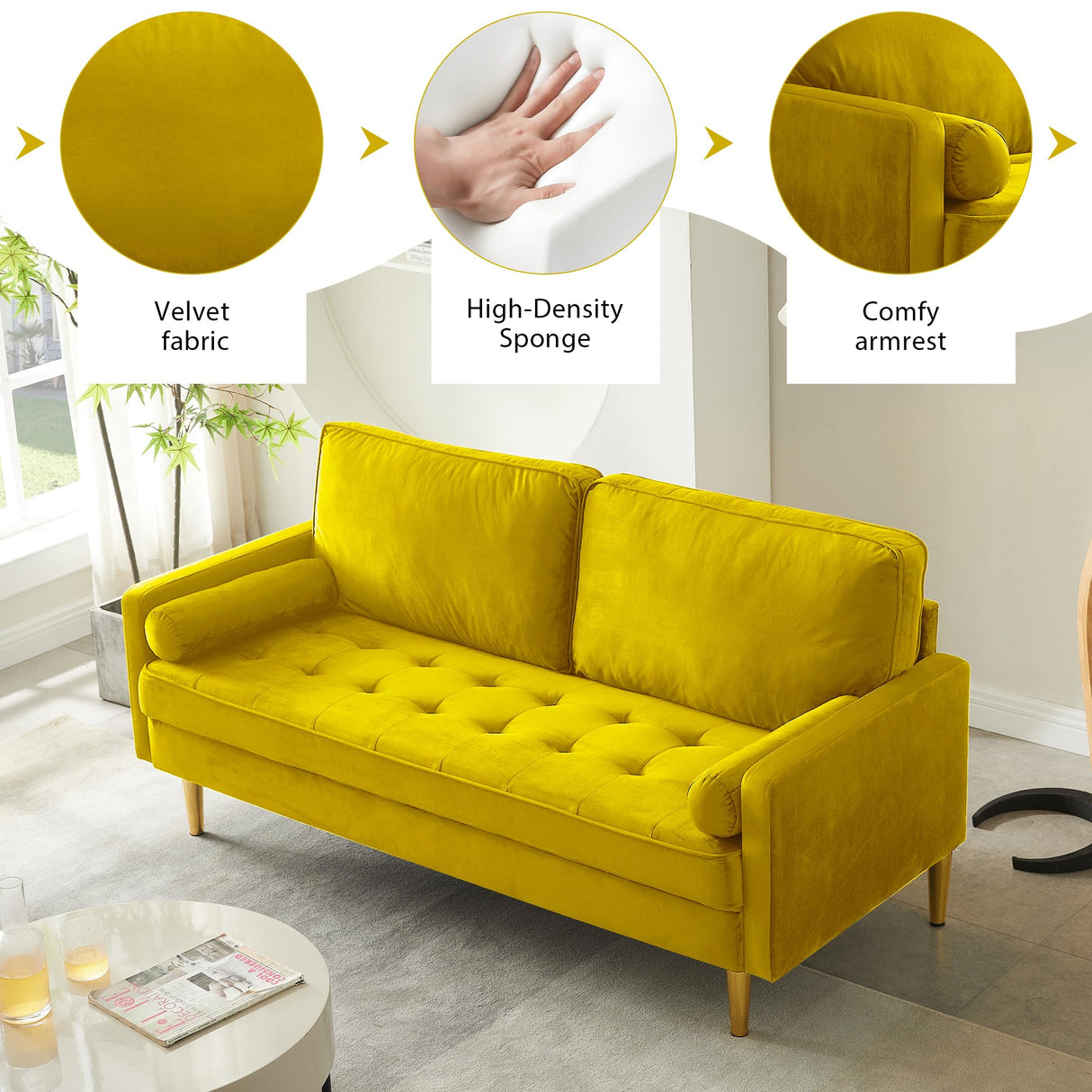 RXRRXY 67" Modern Velvet Loveseat Sofa Couch, Mid-Century Tufted Upholstered Small Love Seat Couch with 2 Pillows & 4 Golden Legs, 2-Seats Couches for Compact Space, Living Room, Apartment (Yellow) RXRRXY