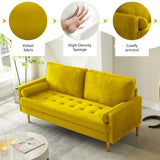 RXRRXY 67" Modern Velvet Loveseat Sofa Couch, Mid-Century Tufted Upholstered Small Love Seat Couch with 2 Pillows & 4 Golden Legs, 2-Seats Couches for Compact Space, Living Room, Apartment (Yellow) RXRRXY