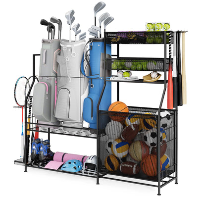 Homiesetify Garage Sports Equipment Organizer, 3 Golf Bag Organizer Stand Heavy-Duty Ball Storage Rack with Basket and Hooks, Ball Storage Cart for Toy Sports Gear Storage, Black (Large)