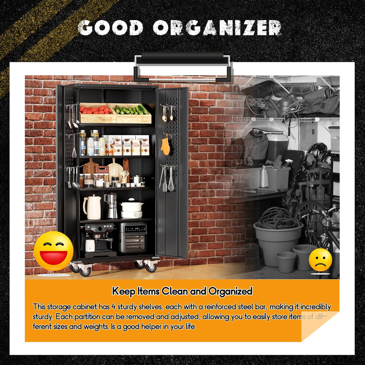 Greenvelly 72" Metal Storage Cabinet with Wheel and Pegboard, Lockable Black Metal Garage Cabinets with 2 Doors and 4 Adjustable Shelves, Rolling Steel Tool Cabinet for Garage, Home Office, School Greenvelly