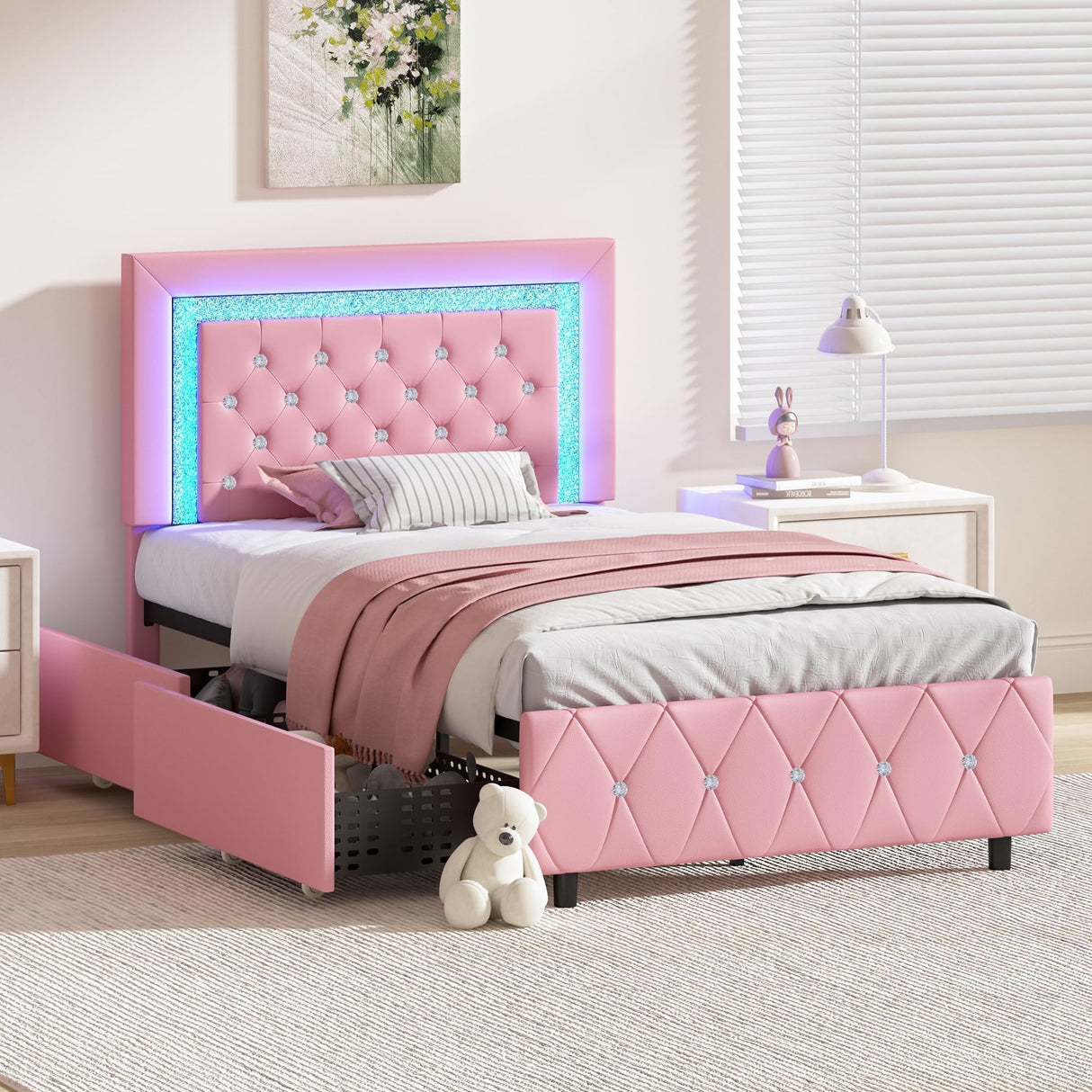 Twin Bed Frames with LED Lights and Storage Drawers, Upholstered Platform Bed with Diamond Headboard, Faux Leather Princess Platform Bed, No Box Spring Needed, Easy Assembly, Pink BarnFurin