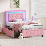 Twin Bed Frames with LED Lights and Storage Drawers, Upholstered Platform Bed with Diamond Headboard, Faux Leather Princess Platform Bed, No Box Spring Needed, Easy Assembly, Pink BarnFurin