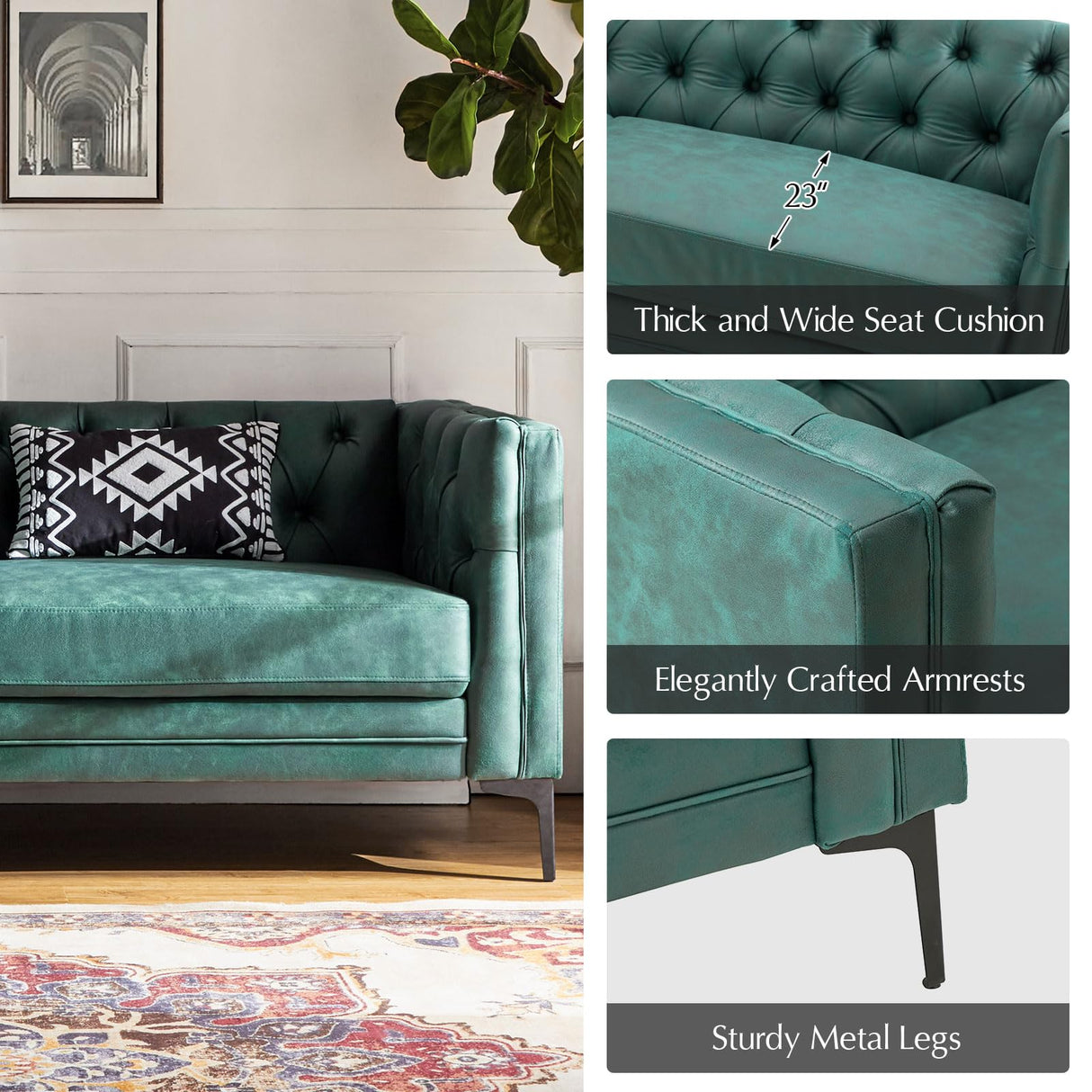 HULALA HOME 84" W Faux Leather Sofa Couch with Metal Legs, Button-Tufted 3-Seater Sofa, Mid Century Modern Contemporary Upholstered Couch for Living Room, Entertainment Area, Apartment,Green HULALA HOME