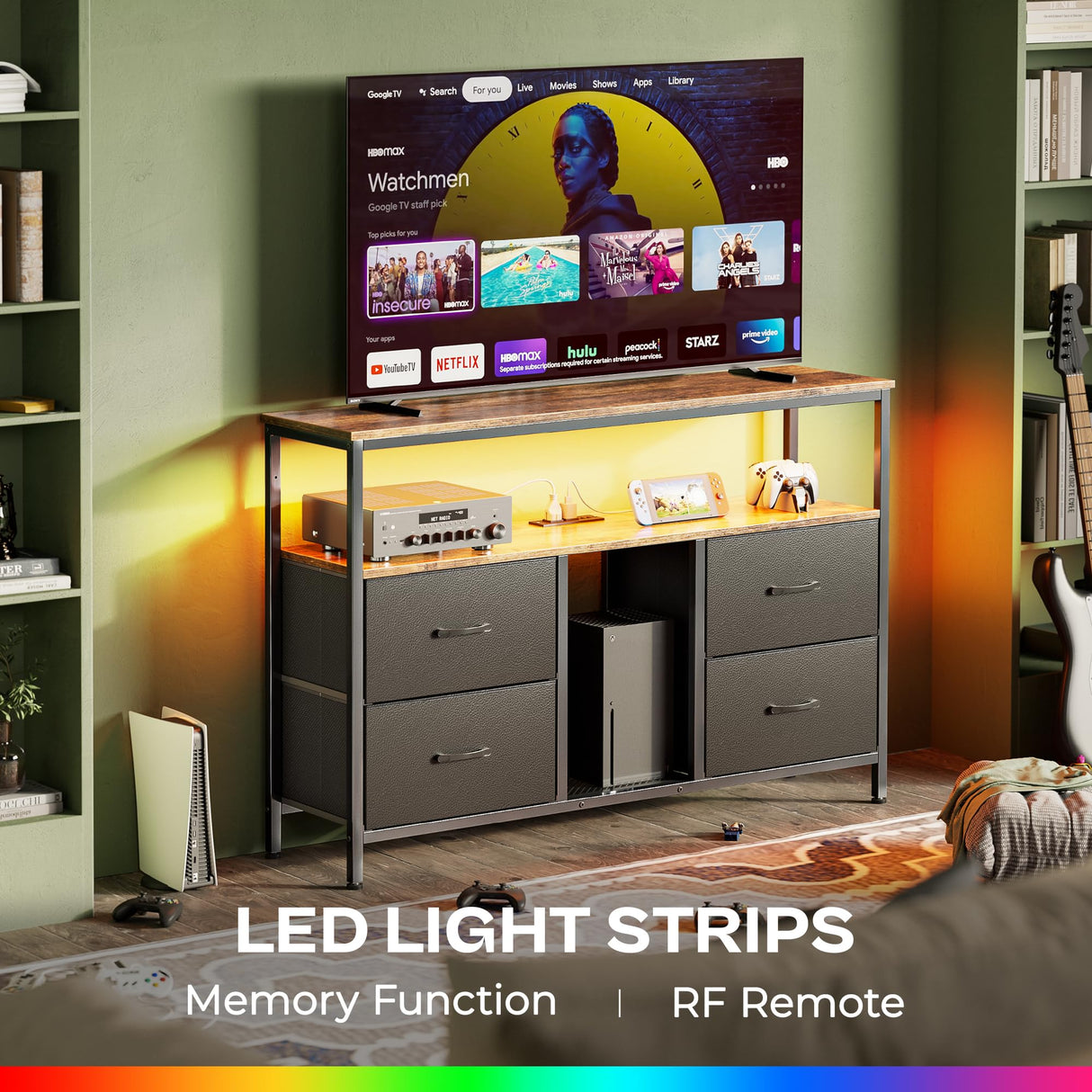 Huuger TV Stand Dresser with Power Outlets and LED Lights, 4 Drawers Entertainment Center with Open Shelf, Media Console for 50 43 Inch TV, Dresser with PU Finish, Rustic Brown and Black Huuger