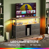 Huuger TV Stand Dresser with Power Outlets and LED Lights, 4 Drawers Entertainment Center with Open Shelf, Media Console for 50 43 Inch TV, Dresser with PU Finish, Rustic Brown and Black Huuger