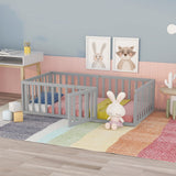 Okak Twin Size Montessori Floor Bed with Safety Guardrails and Playful Door, Light Gray Okak