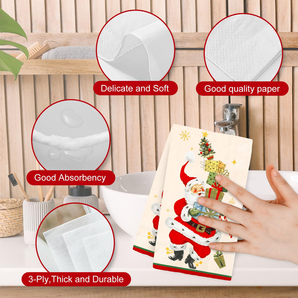 JarThenaAMCS 100Pcs Christmas Guest Napkin Vintage Santa Gift Box Disposable Paper Napkin Retro Dinner Hand Napkins for Thanksgiving Harvest Bathroom Supplies JarThenaAMCS