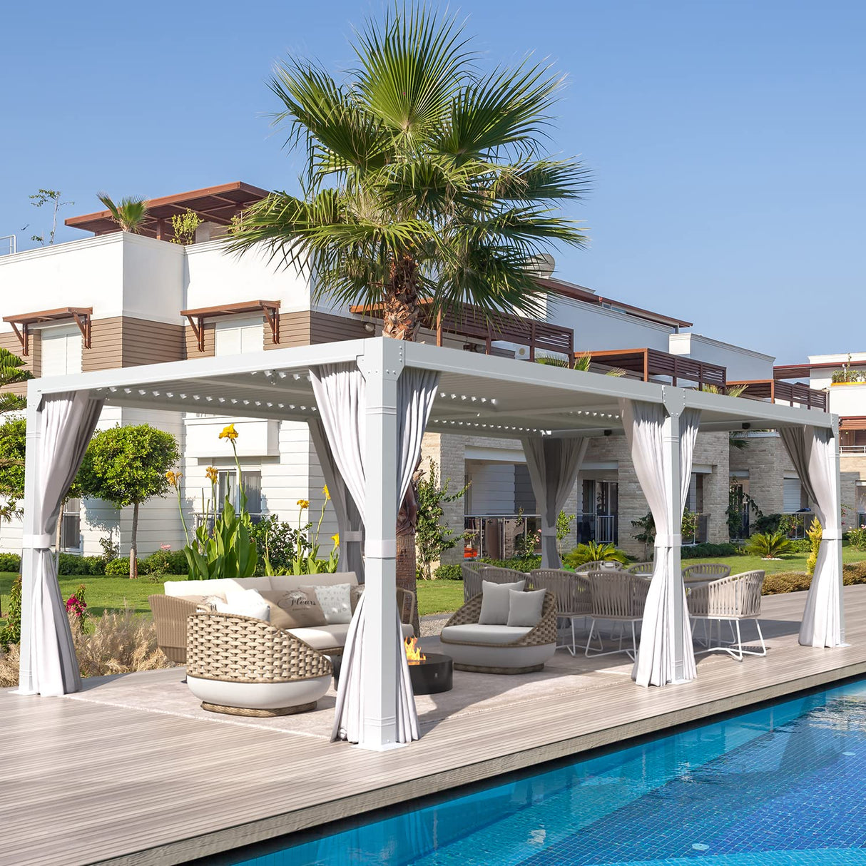 MELLCOM Louvered Pergola 12x20, Aluminum Pergola with Adjustable Louvered Roof, Outdoor Pergola with Waterproof Curtains and Nets, White MELLCOM