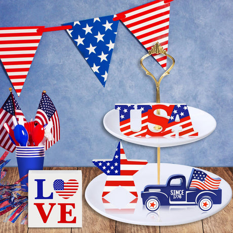 4th of July Decor Patriotic Decorations 4Pcs Wooden Star USA LOVE Car Sign Fourth of July Table Decorations Memorial Day Red White and Blue Decor JENFALL