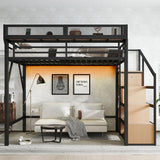 Metal Full Size Loft Bed with Stairs and Wardrobe,Heavy Duty Loft Bed Frame with LED Lights and Charging Station for for Kids,Teens,Adults,Natural Wood Bellemave