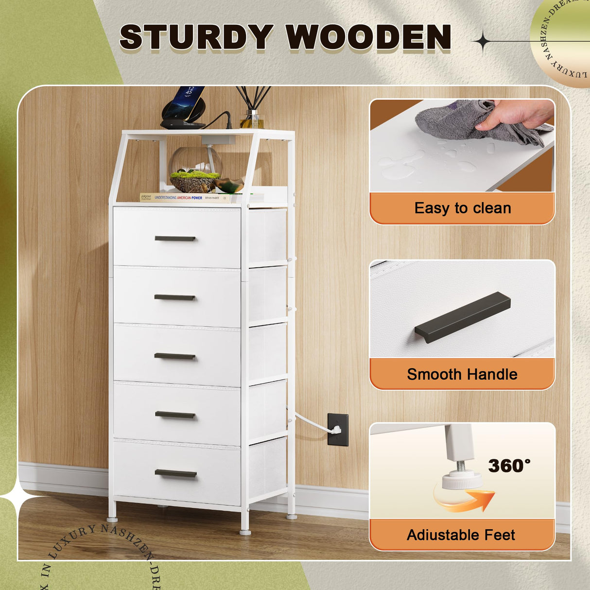NASHZEN Nightstand 5 Drawer Dresser with Charging Station, Side Table with Fabric Drawers, End Table with Open Shelf, Tall Dresser for Bedroom, Hallway, Entryway NASHZEN